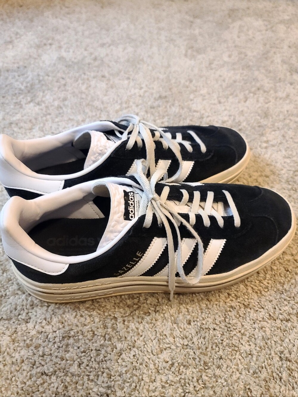 Women's 10, Platform Adidas Black & White Suede Gazelle Sneakers